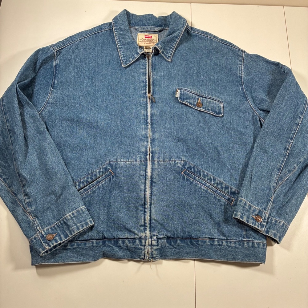 Vintage 1997 Levi's Denim Jacket XL Blue Full Zip Acid Graphic Back Patch Chore